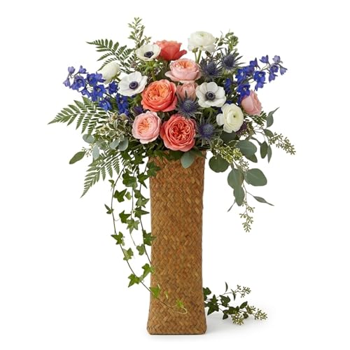 Seagrass Woven Vase: 12" Tall Wicker Vase for Flowers - Boho Rattan Decorative Basket Tall Plant Holder Container - Rustic Straw Flower Arranger for Farmhouse Home Decor