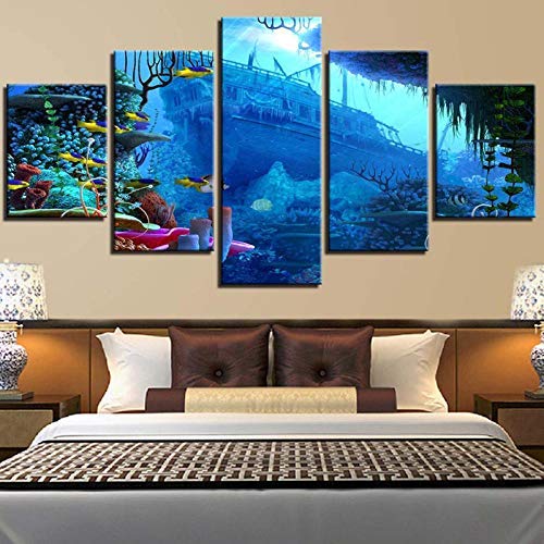 CoorArtArt Picture Prints Shipwreck Fish Underwater World Home Wall Decoration Canvas Split Panel Print 150x80cm Without Frame