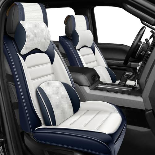 Image of Full Set Car Seat Covers for Ford F-150 F-250 F-350 XL XLT STX Lariat King Ranch Platinum Raptor Seat Covers 2007-2026, Waterproof Seat Protectors(Luxury 5 Seats /Blue&White)