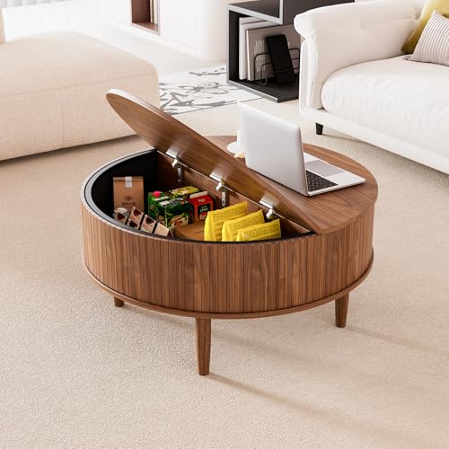 Image of Round Fluted Lift Top Coffee Table with Storage, Mid Century Modern Coffee Table for Living Room, Home Small Space,31.5 inch Fluted Center Table (Walnut, 31.5inch)