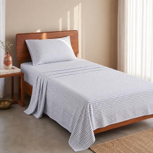 Image of LANE LINEN 100% Organic Cotton Bedsheet for Single Bed - Polka Dot Blue | GOTS Certified, Percale Weave, 60x90 inches, Soft & Breathable, Machine Washable, Includes 1 Pillow Cover