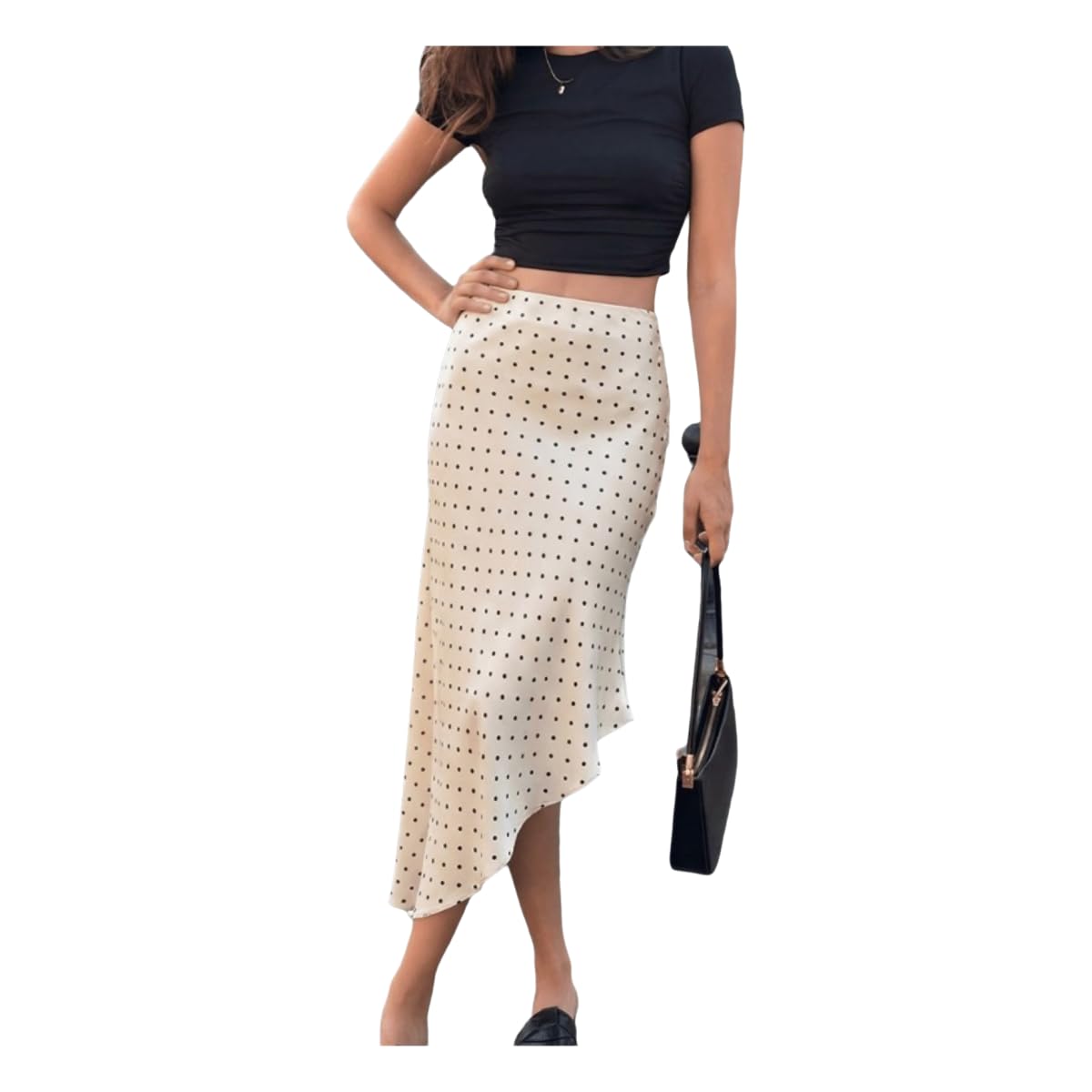 Jupe en satin haute taille fluide et asymétrique style chic abricot M