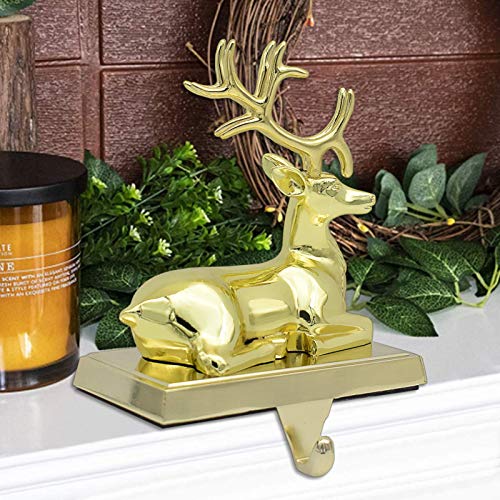 NaTursou Christmas Gold Reindeer Metal Stocking Hanger Fireplace Stocking Hanger, Holiday Christmas Decorations for Fireplace Holder Decor