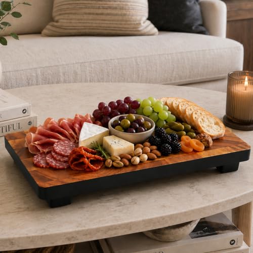 Image of Woodard & Charles Raised Acacia Wood Serving Board Tray, 12 inch x 8 inch x 1.75 inch | Platform Serving Tray with Feet; Serve Cheese, Charcuterie, Sushi, Appetizers, Small Bites at Home, Parties, Catering Events