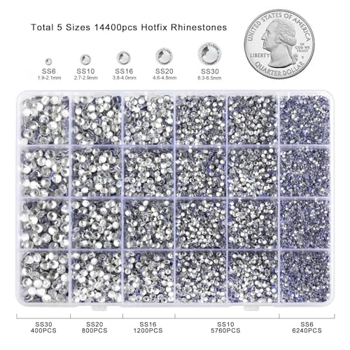 Image of Hotfix Rhinestones Kit,Crystal, Mixed 5 Sizes 14400pcs | Clear Hot Fix Crystals, for Bedazzling Clothes Crafts, with Wax Pencil,Tweezers and Spoon,SS6-SS30