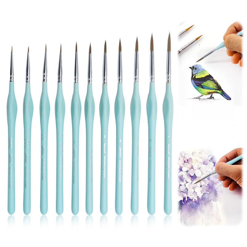 Image of 11 Pcs Miniature Detail Paint Brush Set with Natural Wood Handle,2024 New Miniature Paint Brushes,Mini Small Painting Brushes for Art, Crafts, Acrylic, Watercolor, Oil, Model, Face(Blue)
