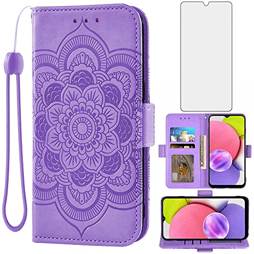 Asuwish Compatible with Samsung Galaxy A03s Wallet Case and Tempered Glass Screen Protector Leather Flip Credit Card Holder Stand Cell Accessories Phone Cover for Gaxaly A 03s SM A037M Women Purple