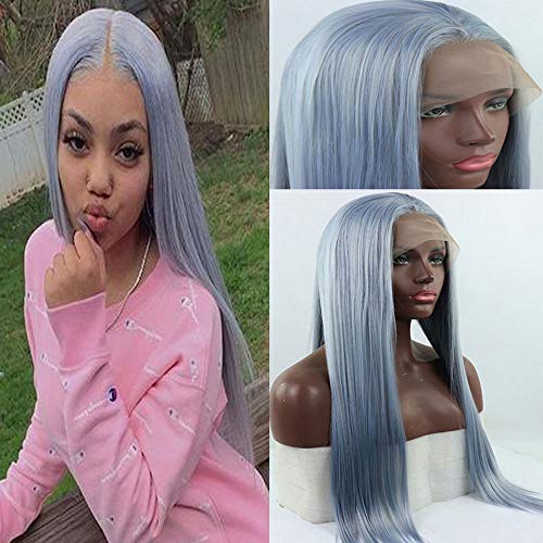 Bombshell Mix Grey Blue Straight Synthetic Lace Front Wig Heat Resistant Fiber Naurtral Hairline For Women Wigs