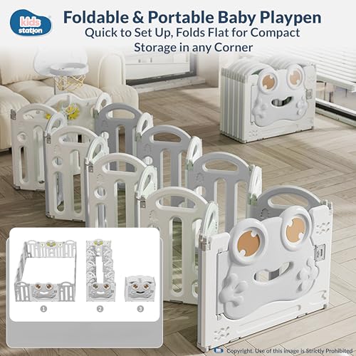 Image of Kids Station 180 x 200 cm Frog Grey Baby Playpen with Playmat & 20 Colourful Balls, Spacious Safety Play Yard for Infants & Toddlers, Strong Frame, Easy Assembly, Indoor /Outdoor