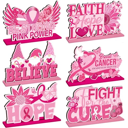 Pickmesh 6 Pcs Breast Cancer Awareness Table Decorations Pink Ribbon Wooden Centerpieces Fight Breast Cancer Theme Table Topper Wood Signs for Women Charity Party Supplies Decor