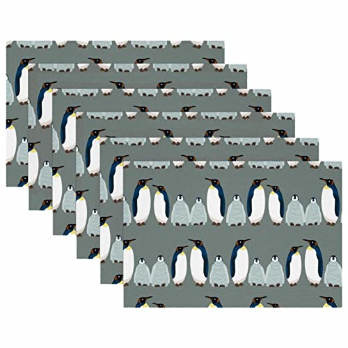 Set de table tissu Oxford gris motif pingouin lavable | Lot de 4