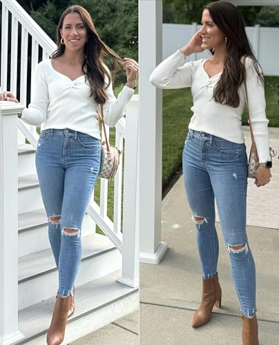 Image of Zeagoo Sweaters for Women Fall Long Sleeve V Neck Sexy Ribbed Knit Sweater Slim Fit Solid Basic Casual Tops