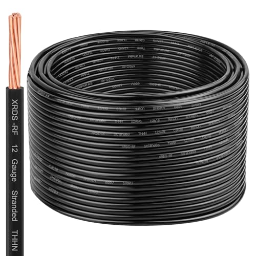Image of XRDS -RF 12 AWG 250FT THHN Wire - Pure Copper Stranded Cable for Conduit Wiring Projects - Black - 600V Rated