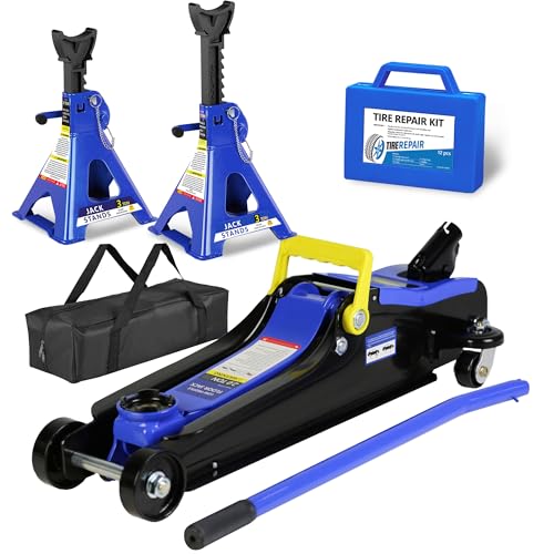 4 Piece Car Truck Floor Jack Service with Jack Stands Tire Repair Kit for Garages, Automotive,Repair Shops and DIY, Portable, 2 Ton 4,000 lbs, Lifting Range 3.3' - 15.2', Heavy Duty Steel, Blue