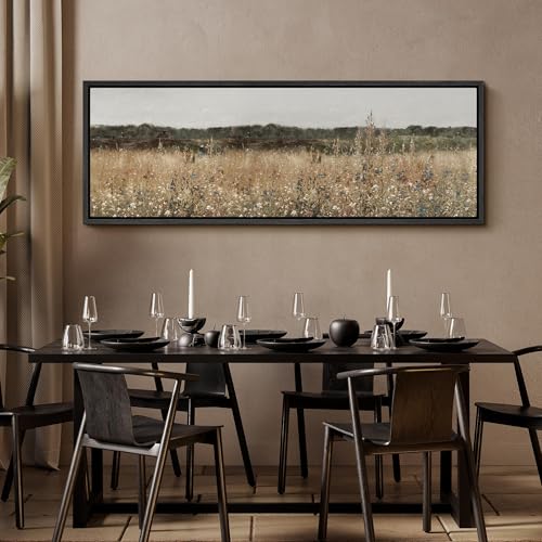 Image of MUDECOR Large Framed Canvas Print Wall Art Golden Meadow Neutral Wildflower Field Antique Ready to Hang Painting for Living Room Bedroom Multi-Sizes - 60 inchx20 inch