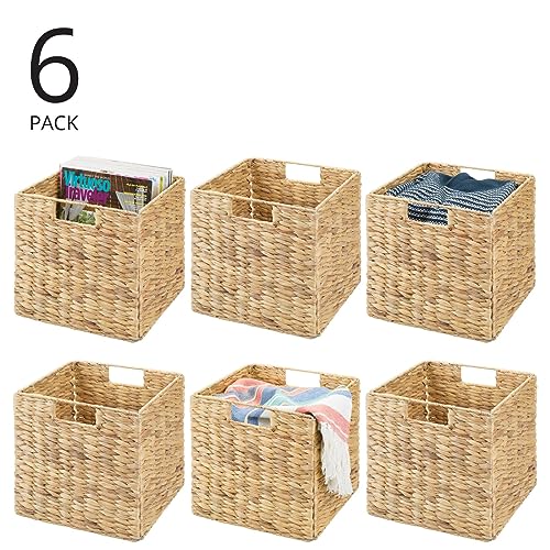 mDesign Natural Woven Hyacinth Cube Organizer Basket with Handles, Storage for Bathroom, Laundry Room Shelf or Nursery - Perfect for Cubby Storage Units - Hold Blankets and Books - 6 Pack, Natural/Tan