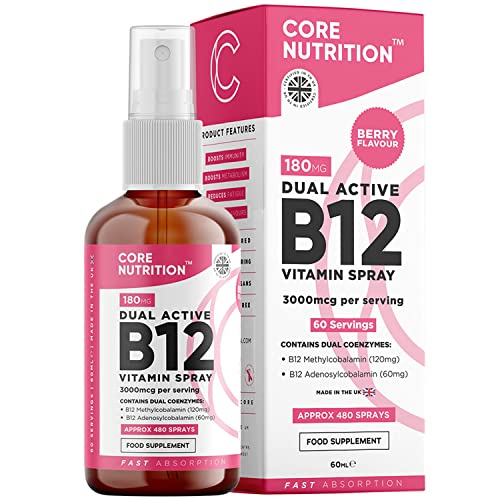 Price comparison product image Vitamin B12 Spray - 3000mcg High Strength - 60ml for 60 Day Supply - Vegan - Dual-Active Vitamin B12 Complex Liquid Formula for Maximum Absorption - B12 Oral Spray - Made in UK by Core Nutrition