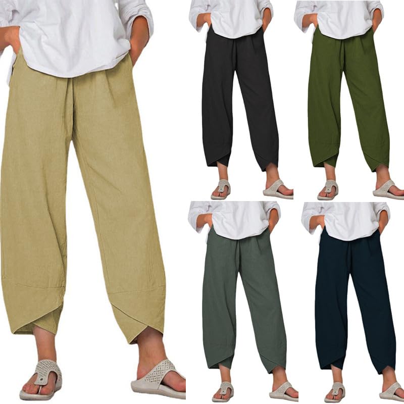 Womens Linen Wide Leg Pants with Pockets Summer Elastic Casual Loose Beach Palazzo Boho Nine-Point Harem Trousers
