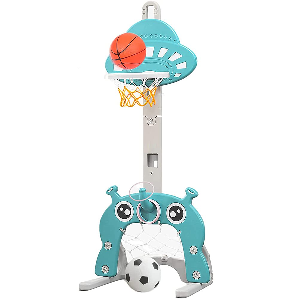 HUOLE Ensemble de Basket 3-en-1, Hauteur Ajustables Inclus Jeu de Basketball, Football et Golf, Support de Jeu UFO surélevé et renforcé (Basket, Football, Golf, Ring, Pompe) Bleu Clair