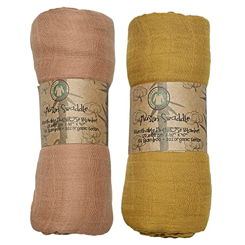 Image of Baby Muslin Swaddle Blankets - Baby Swaddle Blanket for Baby Girl and Baby Boy, Soft Organic Bamboo Cotton Muslin Blanket, Light Breathable, Swaddle Wrap Receiving, 2 Pack, 47 x 47 Inches