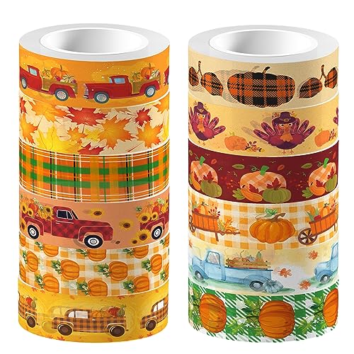 12 Pcs Thanksgiving Print Masking Tape Fall Maple Leaf Washi Tape Pumpkin Pattern Decorative Paper Sticker for Fall Party Holiday Scrapbook DIY Craft Gift Wrapping Handbook Sticker
