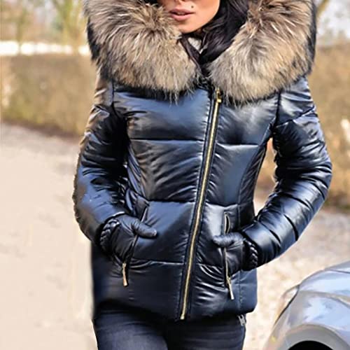 Winterjacke Damen Daunenjacke Glänzend Kurz Wintermantel Warm Puffer Jacke Outdoor Mantel mit Pelzkragen Mehrere Farbvarianten M Brown