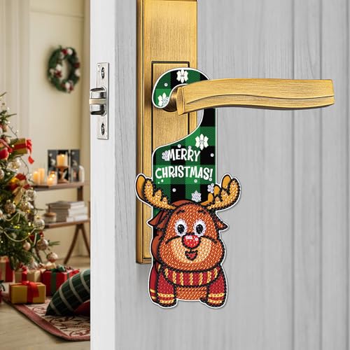 Image of AiYuanzsh Diamond Painting Christmas Door Sign Pendant Kits for Door Decoration, Christmas Deer 5D Crystal Rhinestones Diamond Art Hanging Door by Number Kits Hanging Home Decor Gift