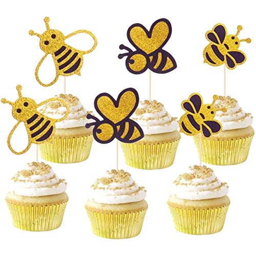 ALISSAR 30-pack Glitter New Bumble Bee Cupcake Toppers, Baby Bee Gender Reveal Baby Shower Birthday Party Cake Decorations Supplies
