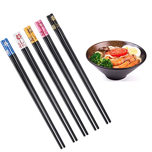 5 Pairs Fiberglass Chopsticks, Multicolor Reusable Chopstick Set Japanese Chinese Korean No-slip Chop sticks,Noodles and Asian Food with Multi-purpose Cotton Drawstring Carry Case