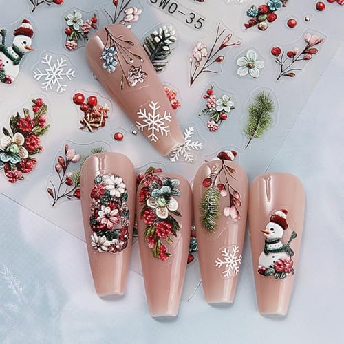Fbabfbuo SA757 Christmas Nail Art Stickers Decals Snowflake Snowman Nail Stickers 2Pcs Snowman Tree Floral Xmas Nails Design 5D Embossed Christmas Nails Adhesive Decals Manicure Accessories thumb #3