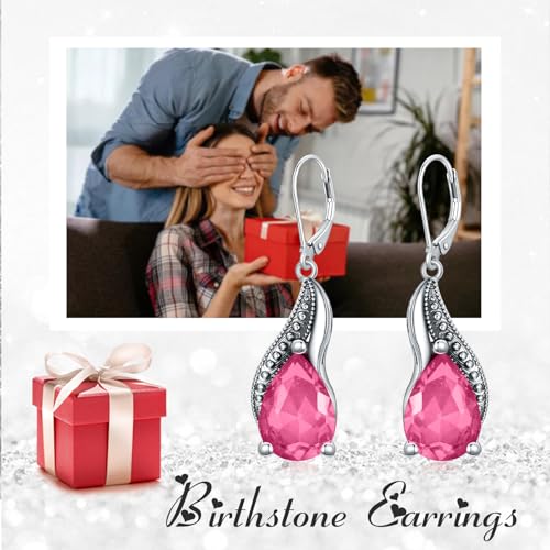 925 Sterling Silver Vintage Teardrop Oxidized Leverback Earrings with 14 * 10mm Birthstone Crystals, Anniversary Birthday Jewelry Gifts for Her2