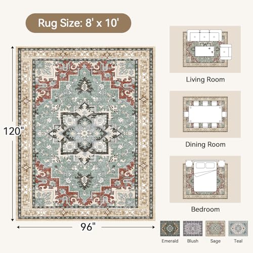 8x10 Area Rugs, Large Area Rug for Living Room, Floral Washable Area Rug for Bedroom, Office, Dining Room, Non-Slip Vintage Boho Rug, Low-Pile Soft Carpet, Traditional Oriental Style, Beige Orange