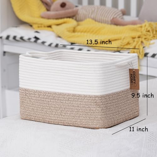 COMFY-HOMI Cotton Rope Woven Basket with Handles for Shelves,Toys,Book, Cloth Storage Baskets for Organizing-13.5" x 11" x 9.5" Toy Decorative Organizer for Living Room, Bathroom (White/Brown) - Image 4