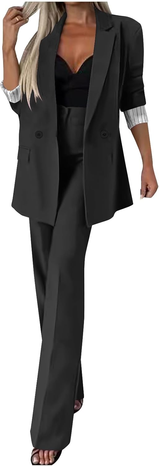 HGps8w Women's 2 Piece Outfits Loose Open Front Double Breasted Blazers Straight Pants 2025 Elegant Business Work Pants Suits