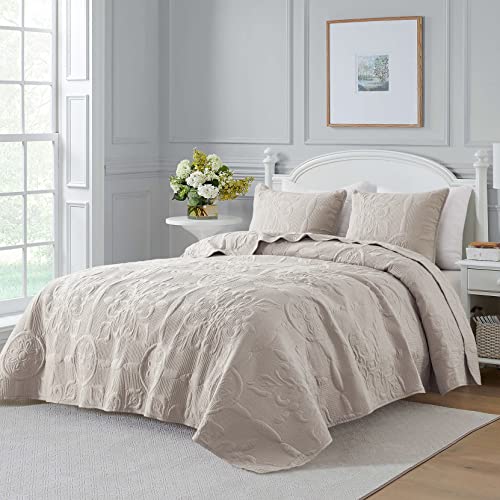 Damask Quilt Twin Size Bedding Sets With Pillow Sham, Boho Lightweight Soft Bedspread Coverlet, Beige Quilted Blanket Thin Comforter Bed Cover For All Season Spring Summer, 2 Pieces, 68X90 Inches #TOP1