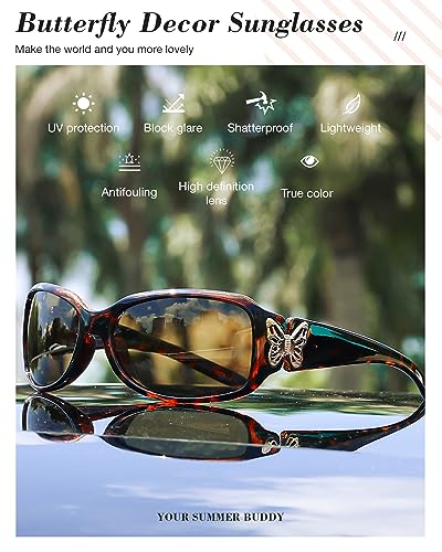 IGnaef Polarized Sunglasses for Women, Trendy Wrap Around Jackie-O Style with Butterfly Decoration IF0224