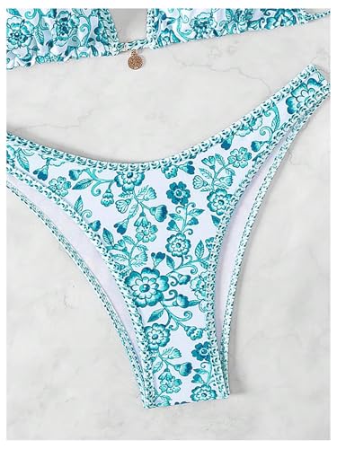 MakeMeChic Women's Polka Dots Triangle Thong Bikini Sets Floral Cute Bathing Suit Swimsuits Green and White Large