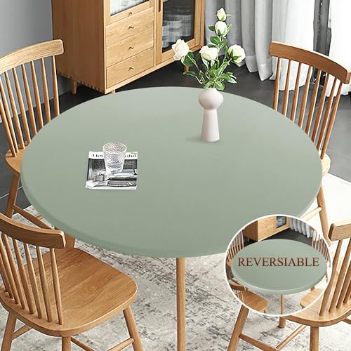 Obstal Fitted Round Table Cloth, Reversible Waterproof Stain Resistant Elastic Stretch Tablecloth, Wipe Clean Table Cover for Outdoor/Indoor Use, Fits Round Tables up to 30" - 36" Diameter, Sage Green