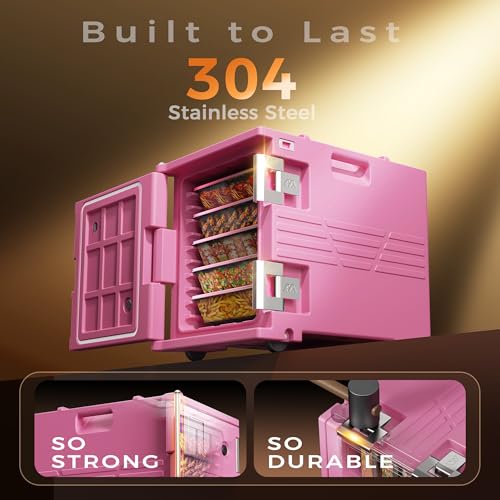 Image of CAMMOO Pink 82QT Non-Electric Hot Box Food Warmer with Wheels, 304 Stainless Steel Latch, Insulated Food Carrier for 5 Full-Size Pans(NOT Included), Food Warmer Box Hot Boxes for Catering