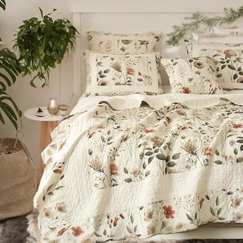 DaDalogy Enchanted Meadow 12-Pieces Bed in a Bag Set - Victoria Garden Delicate Floral Symphony in Beige, Rose, and Soft Green, Luxuriously Soft Quilted Complete Bedding Set - King Cover