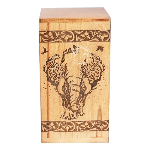 Image of Handcrafted Floral Engraved Wooden Urns for Human Ashes Adult Large - Cremation Urn for Ashes - Burial Urn for Columbarium - Funeral Urn Box (Elephant, 250 LB - BeechWood)