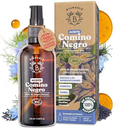 BIONOBLE Aceite de Comino Negro Bio 100% Puro, Natural, Prensado en Frío - Aceite Comino Negro Antiacné, Purificante - Black Seed Oil Rostro, Cuerpo, Cabello - Botella de Vidrio, Pipeta, Bomba - 100ml