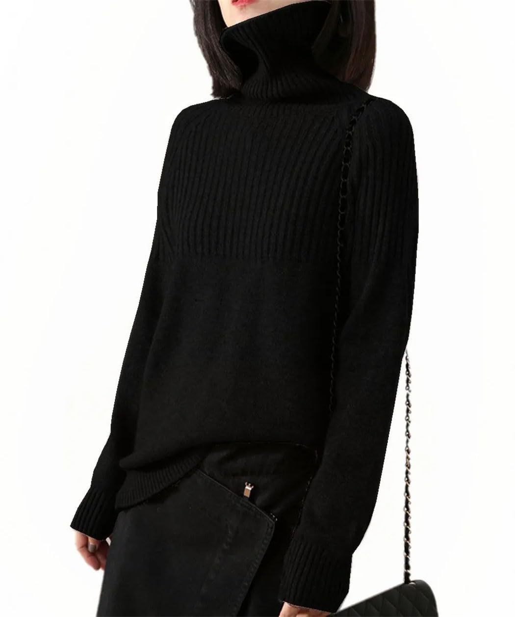 Maglione di lana spessa da donna a maniche lunghe a collo alto pullover invernale tinta unita elasticizzato a righe in maglia allentata