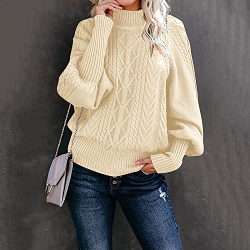 Sweaters for Women Mock Turtleneck Solid Cable Knitted Trendy Lantern Sleeve Warm Comfort Pullover Sweaters Tops3