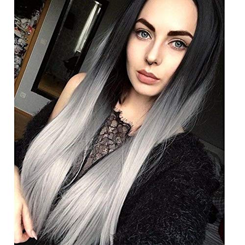 Ombre Gray 2 Tones Black and Grey Wig Long Natural Straight Silver Grey Replacement Hair Wigs For Women Heat Resistant Fiber Hair