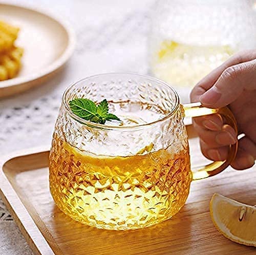 Image of VILON Golden Handle Glass Tea and Coffee Mug - 410ml Clear Cups - Elegant Borosilicate Glass - Microwave Safe - Ideal for Tea, Coffee, Milk, Juice | 410ml | Set of 6 (Gold Teacup 6)