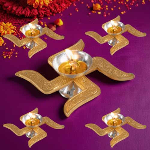 Image of Brass Swastik Diya for Puja | Pack of 5 | Diwali Pooja Decoration | Akhand Diya | Corporate and Wedding Gift