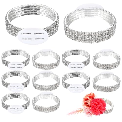 12 Pack Corsage Bracelet Wrist Corsage Rhinestone Elastic Wrist Rhinestone Bracelet DIY Accessories for Wedding Decor Prom Ceremony Anniversary Bridal Shower(Silver)