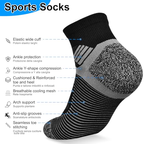 Hiking Socks Men Anti blister Women Walking Sock Breathable Ankle Support Compression Cotton Cushioned Quarter Sports Socks Trekking Running Cycling Summer Lightweight 6-9 Black M 3P2