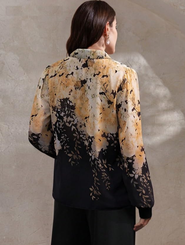 Image of Women Shirt || Women Top ||Autumn Leaves Print Polo Collar Shirt, Casual Long Sleeve (S-22-25)